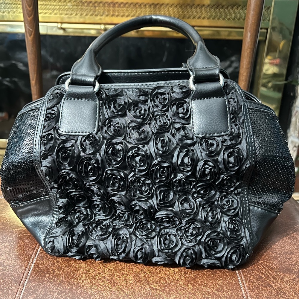 Savoy handbag with fabric roses and sequins